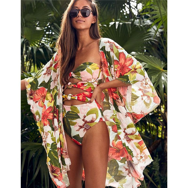 Sun Protection Printed Cardigan Two-Piece Swimsuit