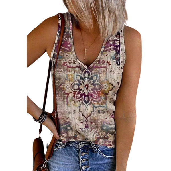Ethnic Western Floral Tank Tops for Women with sexy V Neck