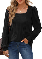 Women's Sunken Stripe Square Collar Fashion Casual Long Sleeve Top