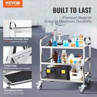 VEVOR Stainless Steel Cart, 3 Layers Lab Utility Cart 400 lbs Weight Capacity, Medical Cart with Lockable Universal Wheels, for Lab, Clinic, Kitchen, Salon