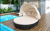 Luxury Round Rattan Daybed with Retractable Canopy – Clamshell Outdoor Sofa Set with Washable Cushions – Stylish Black Wicker Furniture for Backyard & Porch