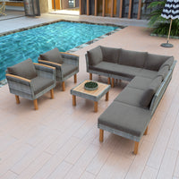 9-Piece Gray Patio Rattan Furniture Set – Outdoor Sectional Sofa with Acacia Wood Legs & Washable Cushions – Stylish Conversation Set with Coffee Table