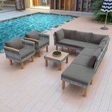 9-Piece Gray Patio Rattan Furniture Set – Outdoor Sectional Sofa with Acacia Wood Legs & Washable Cushions – Stylish Conversation Set with Coffee Table