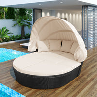 Luxury Round Rattan Daybed with Retractable Canopy – Clamshell Outdoor Sofa Set with Washable Cushions – Stylish Black Wicker Furniture for Backyard & Porch