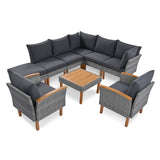 9-Piece Gray Patio Rattan Furniture Set – Outdoor Sectional Sofa with Acacia Wood Legs & Washable Cushions – Stylish Conversation Set with Coffee Table