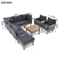 9-Piece Gray Patio Rattan Furniture Set – Outdoor Sectional Sofa with Acacia Wood Legs & Washable Cushions – Stylish Conversation Set with Coffee Table