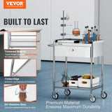 VEVOR Medical Cart, 2-Layer Stainless Steel Cart 220 lbs Weight Capacity, Lab Utility Cart with 360° Silent Wheels and a Drawer for Lab, Clinic, Kitchen, Salon