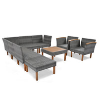 9-Piece Gray Patio Rattan Furniture Set – Outdoor Sectional Sofa with Acacia Wood Legs & Washable Cushions – Stylish Conversation Set with Coffee Table