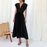 Sleeveless Solid Pleated Sexy Deep V Neck Luxury Party Dress