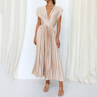 Sleeveless Solid Pleated Sexy Deep V Neck Luxury Party Dress